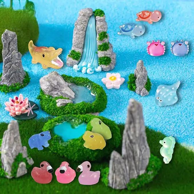 Luminous Mini Resin Ocean Animals 50Pcs Tiny Animals Tiny Turtle Octopus Seahorse Crocodile Dolphin Shark Frog Glow in The Dark for Garden Miniatures Accessories Landscape Aquarium Potted Decoration by GreenHaven Gardens