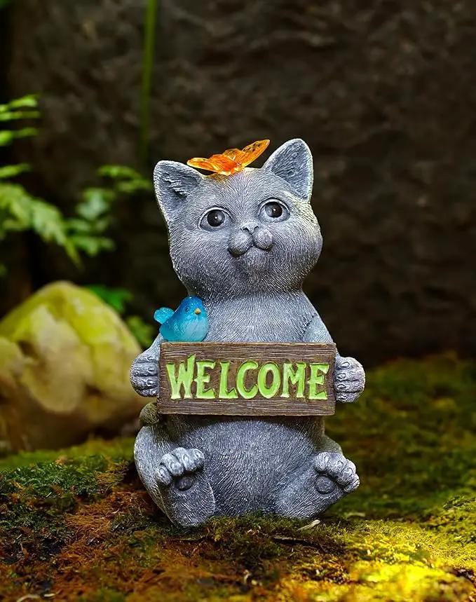 Goodeco Solar Cat with Welcome Sign - Outdoor Cat Statue with Solar Butterfly & Bird Lights - Perfect Cat Decor for Cat Lovers, Ideal Housewarming Gifts for Women & Moms (Gray) by GreenHaven Gardens