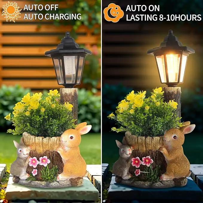 Solar Bunny Garden Stalue Outdoor, Rabbits Figurine Flowerpot Decolwith Solar Lantem for Yard Art Lawn Ornaments Porch Patio Balcony - Gardening Gifts for Women Mom by GreenHaven Gardens