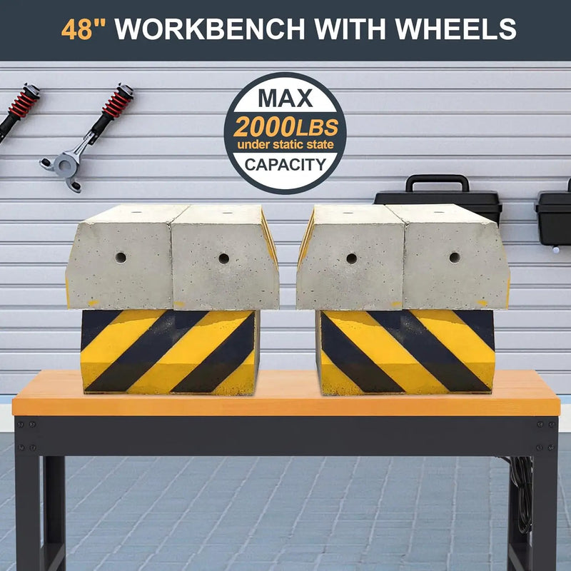 HABUTWAY Height Adjustable Workbench with Wheels 48" x 24" 2000 Lbs Capacity Solid Wood Work Station Heavy-Duty Rolling Work Tables for Garage Party Shop Office by GreenHaven Gardens
