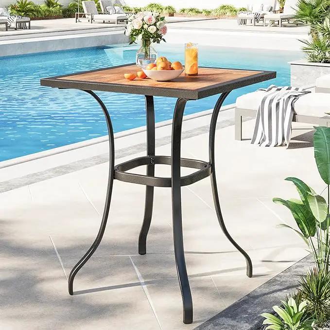 AECOJOY Outdoor Height Bar Table, 36'' Metal Frame Bar Table Bistro Square Table with Wooden Top, High Top Outdoor Pub for Patio Garden Lawn Poolside, Brown by GreenHaven Gardens