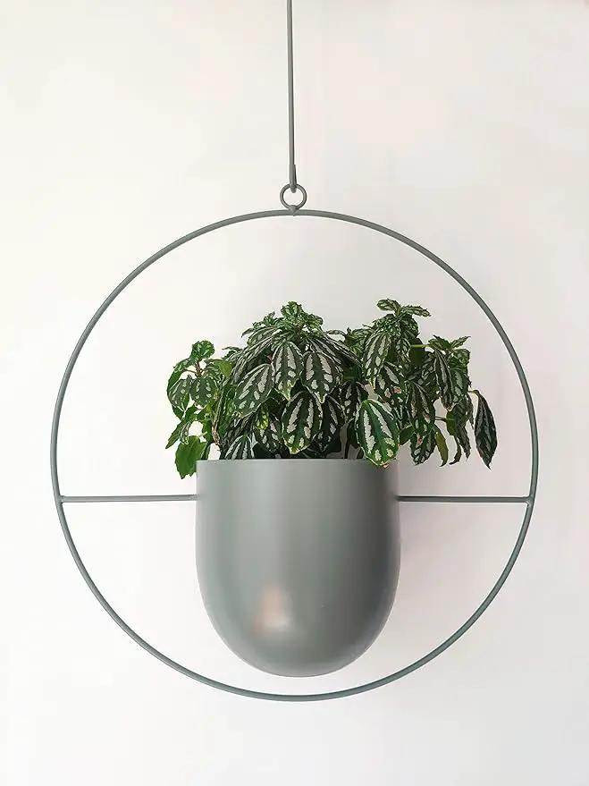 Boho Green Metal Plant Hanger,Metal Wall and Ceiling Hanging Planter, Modern Planter, Mid Century Flower Pot Plant Holder, Minimalist Planter for Indoor Outdoor Home Decor by GreenHaven Gardens