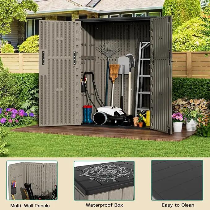 KINYING Outdoor Vertical Storage Shed,57 Cu.ft Outdoor Storage Cabinet Waterproof,Resin Sheds & Outdoor Storage Clearance for Garden,Patio,Backyard,Lockable (Brown) by GreenHaven Gardens