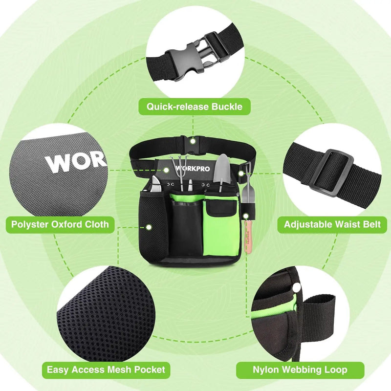 WORKPRO 2-Piece Pruning Shears and Garden Tool Belt Set, Gardening Belt with 5 Pockets and Adjustable Waist Belt, 8" Bypass Garden Shears and 8'' Handing Pruner with Steel Straight Blade by GreenHaven Gardens