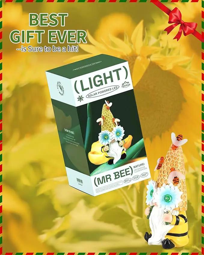 iStatue Garden Gnomes Outdoor Clearance with Solar Bee Lights - 9.5'' Resin Figurine Honeycomb Sunflower Spring Summer Decoration for Home Garden Decor Lawn Ornaments (Mr Bee Gnome) by GreenHaven Gardens