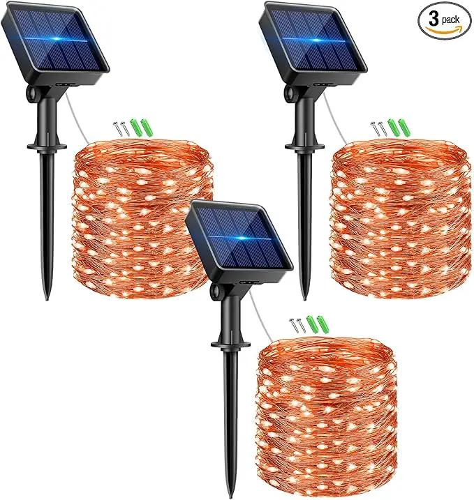 kolpop Orange Solar Fairy Lights Outdoor Waterproof, 3 Pack 33FT 80LED Solar Powered String Light, 8 Modes Copper Wire Solar Twinkle Lighting for Halloween Tree Garden Yard Outside by GreenHaven Gardens
