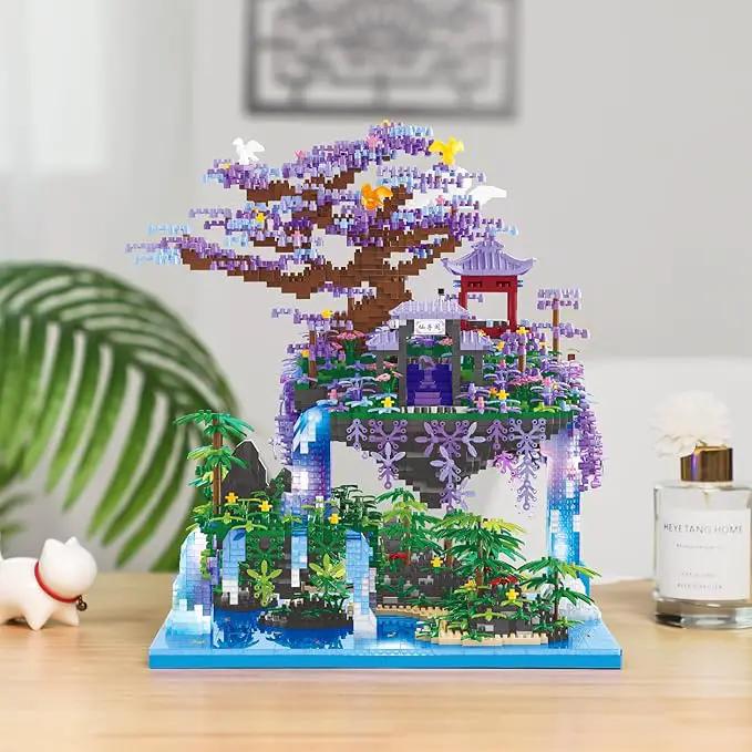 Chinese Moon Palace Pavilion Building Blocks Set - Micro Miniature Bonsai Tree House with String Lights and Flowers for Adults and Kids (4574 Pieces) by GreenHaven Gardens