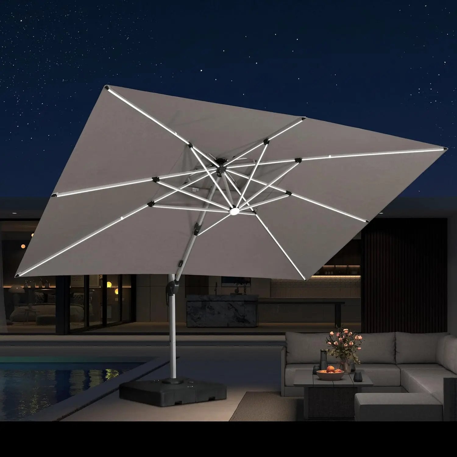 PURPLE LEAF 10' X 13' Solar Powered LED Patio Large Umbrella Offset Double Top Hanging Umbrella Outdoor Market Umbrella for Garden, Heather Taupe by GreenHaven Gardens