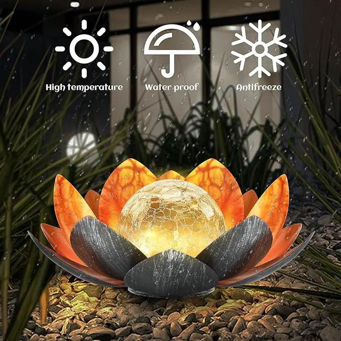 Outdoor Solar Lights, Garden Decor, Crackle Glass Globe, Waterproof Metal Lotus Flower Light for Patio, Lawn, Walkway, Tabletop, Ground by GreenHaven Gardens