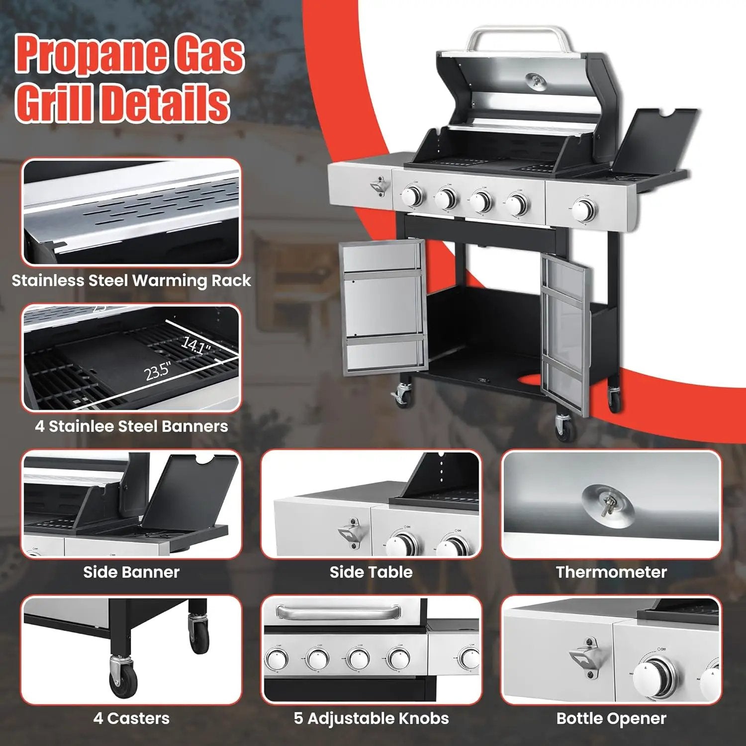 HYCHIKA 4-Burner Propane Grill with Sear & Side Burner, 46790 BTU Gas Grill with Griddle Pan & Enameled Cast Iron Grates, BBQ Grill with 439 Sq. In. Grilling Area for Outdoor, Patio, Backyard Babecue by GreenHaven Gardens