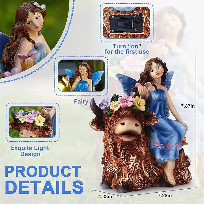 Solar Angel Garden Statue - Garden Fairy Sitting on a Highland Cow with Flowers, Butterflies and 5 LED Lights - Decorate Table, Terrace, Lawn, Birthdays, Grandma, mom by GreenHaven Gardens