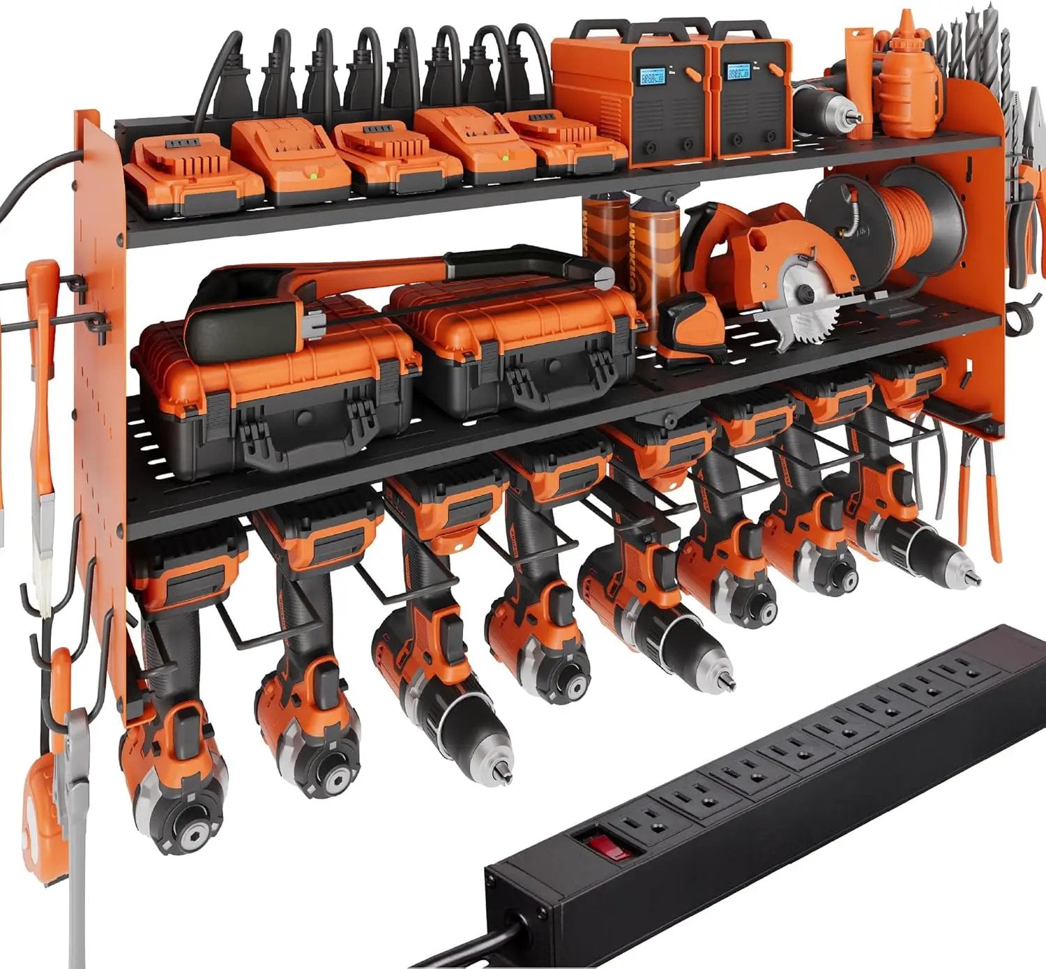 Suchtale Power Tool Organizer with Charging Station,33.2''Garage 8 Drill Holders Wall Mount,3 Layers Heavy Duty Metal Tool Shelf with 8 Outlets Power Strip, Gift for Men, Father, Orange by GreenHaven Gardens