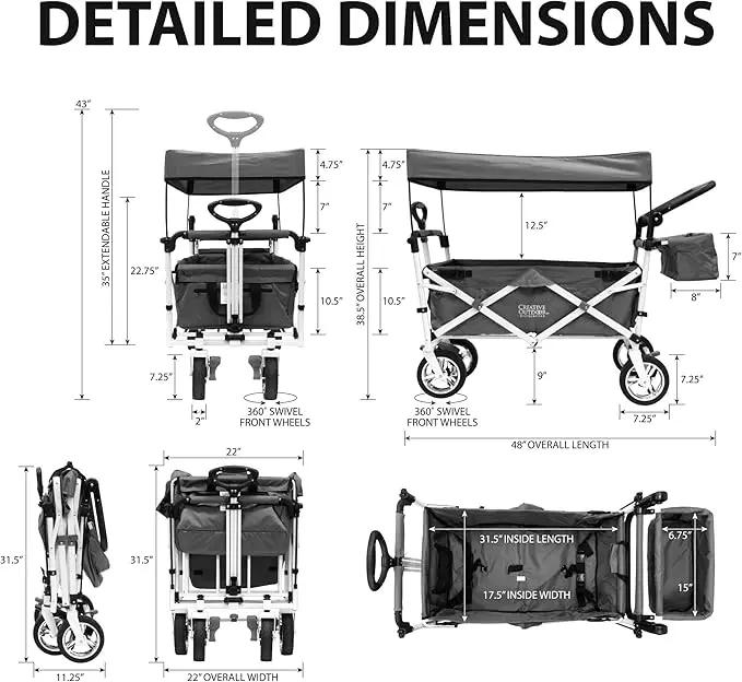 Creative Outdoor Push Pull Stroller Wagon for Kids,150lbs Weight Capacity, Collapsible Folding Cart with Canopy, Silver Series Plus, Beach, Park, Garden & Tailgate (Navy Blue) by GreenHaven Gardens
