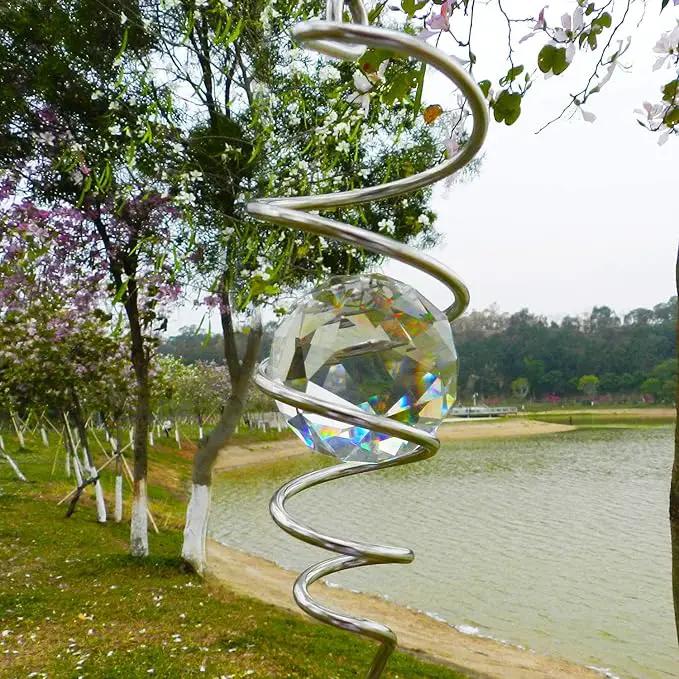 FONMY Gazing Ball Spiral Tail -Decorative Wind Spinner Sun Catcher 11 inch Tail and 2 inch Clear Crystal Orb. Indoor Outdoor Garden Decoration -13 inch Height by GreenHaven Gardens