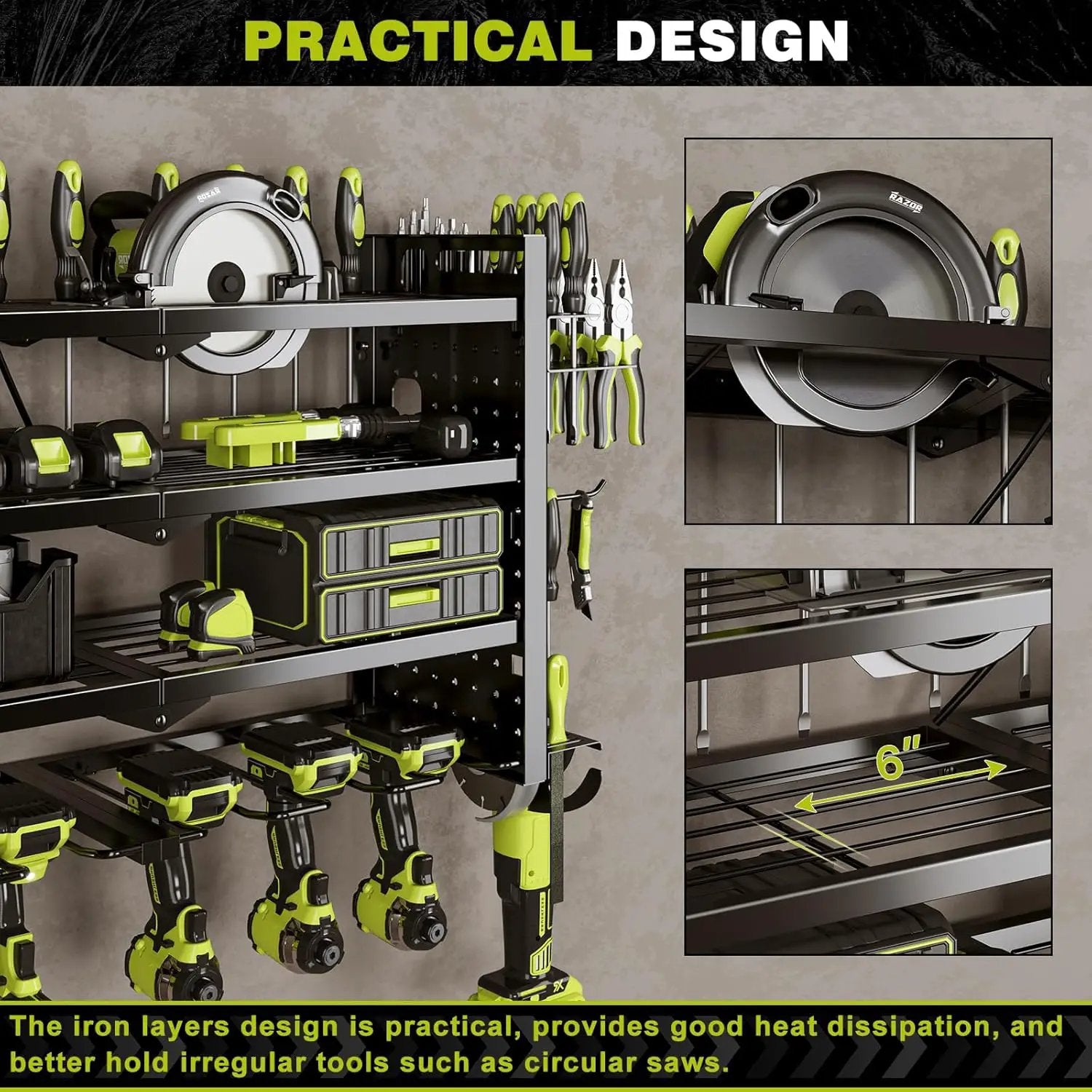 Power Tool Organizer Wall Mount with Charging Station 4 Layer 6 Slot Cordless Drill Holder with Angle Grinder Holder (Black) by GreenHaven Gardens