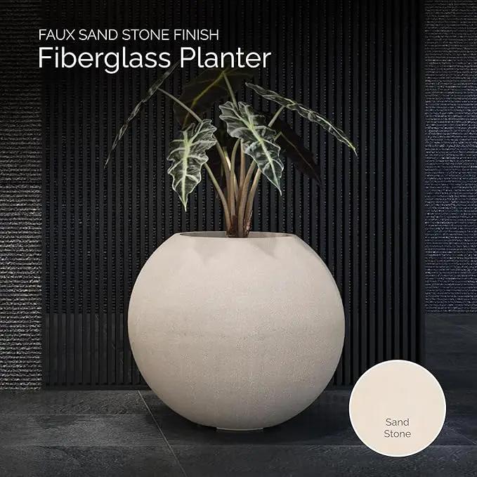Orbo Large Planter – Fiberglass Indoor/Outdoor and Weather-Resistant Globe Planter (Sand Stone, 35.4" D x 31.3" H) by GreenHaven Gardens