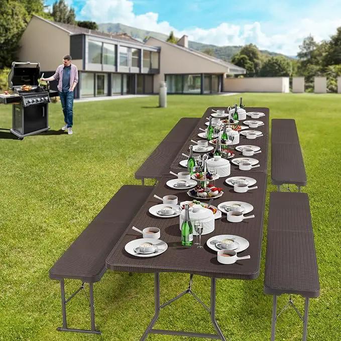 VINGLI 6 Foot Plastic Folding Table Portable Long Table for Indoor Outdoor Use Rectangular with Carrying Handle,Rattan Patterned HDPE Tabletop, Brown by GreenHaven Gardens