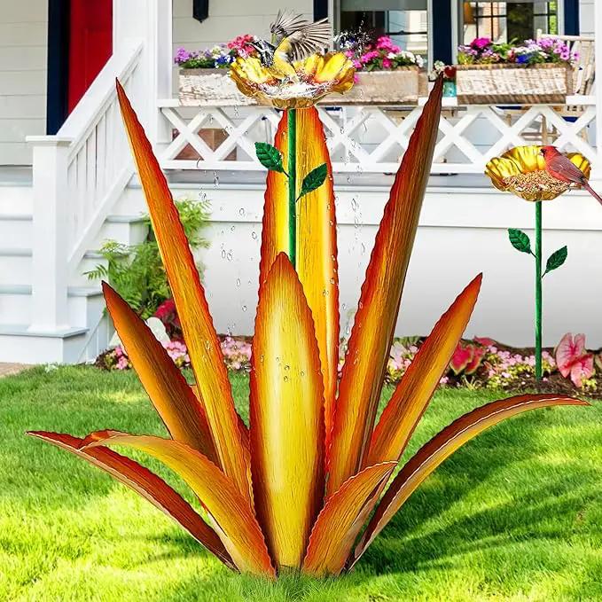 Upgraded Large Metal Yard Art, Metal Agave Plant Yard Decorations Outdoor Sculpture, Metal Flowers for Outside, Waterproof Outdoor Garden Decor (Yellow + Bird Feeder) by GreenHaven Gardens