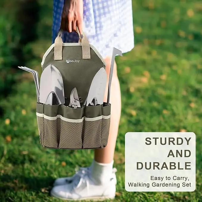 Gardening Tools Set of 9 Garden Hand Tools with Wooden Handles with Garden Bag for Tools Durable Hand Tools for Gardening,Weeding,Ideal Gifts for Women,Men,Parents and Grandparents by GreenHaven Gardens