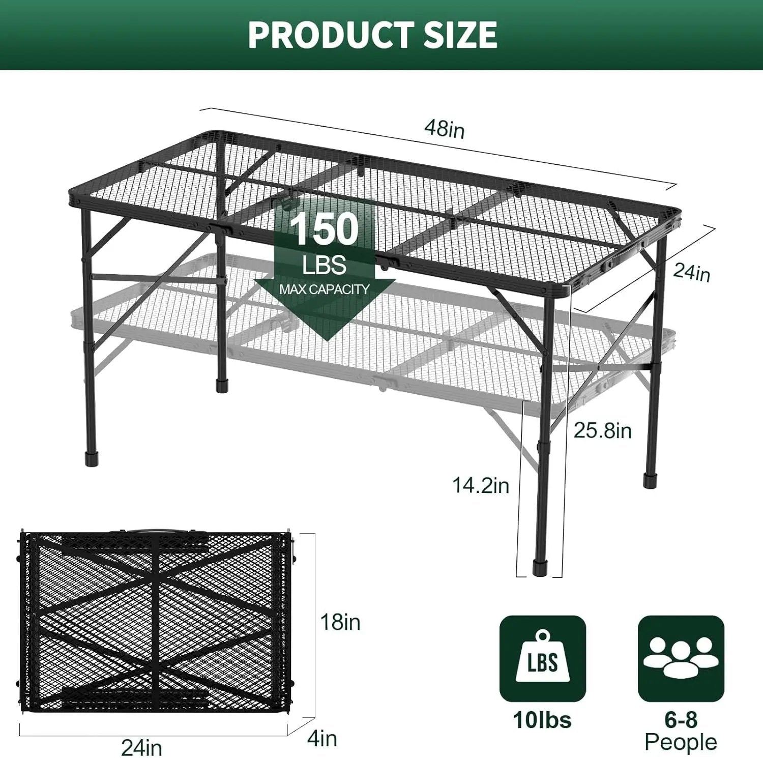 Folding Gril Table, 4x2 FT Camping Table with Mesh Desktop,Height Adjustable Folding Grill Table with Mesh Bag,Portable Outdoor for Picnic,Camping,BBQ,Beach(Black) by GreenHaven Gardens