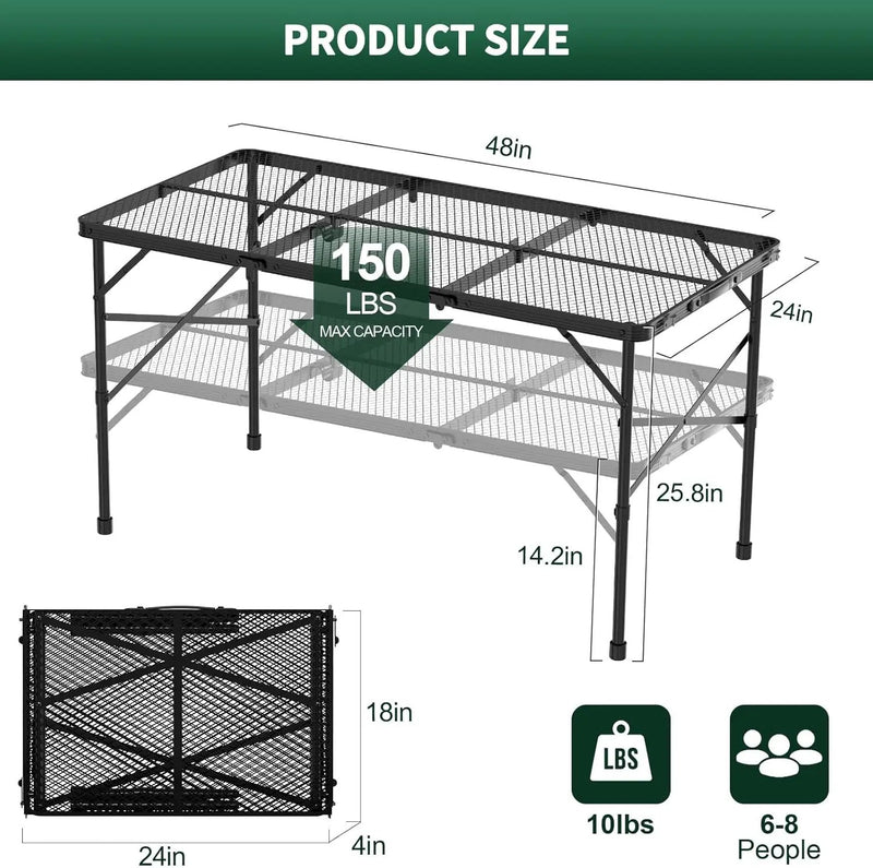 Folding Gril Table, 4x2 FT Camping Table with Mesh Desktop,Height Adjustable Folding Grill Table with Mesh Bag,Portable Outdoor for Picnic,Camping,BBQ,Beach(Black) by GreenHaven Gardens