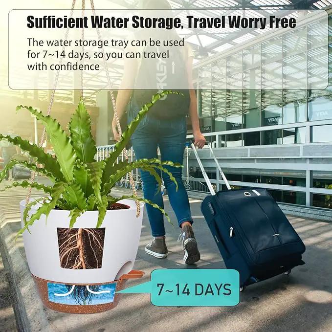 10 Inch Self Watering Hanging Pots, 2 Pack Hanging Planters with 40oZ Deep Reservior for Indoor Outdoor Plants Flowers, White with Brown by GreenHaven Gardens