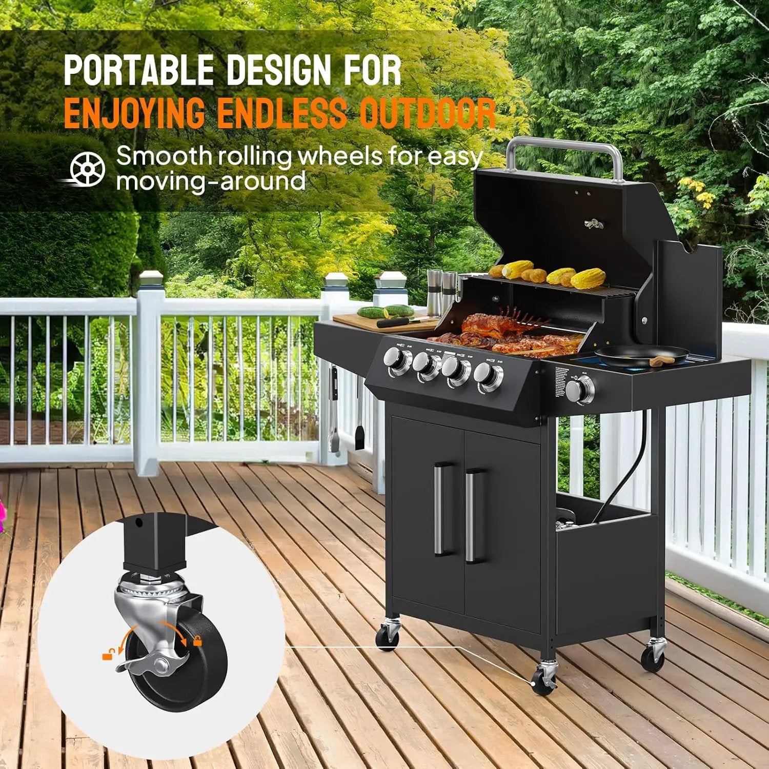 ROVSUN 4 Burner Propane Gas Grill with Side Burner, 58,000BTU BBQ Grills with Enameled Cast Iron Grates, Shelf & Cabinet for Outdoor Garden Patio Backyard Barbecue Cooking by GreenHaven Gardens
