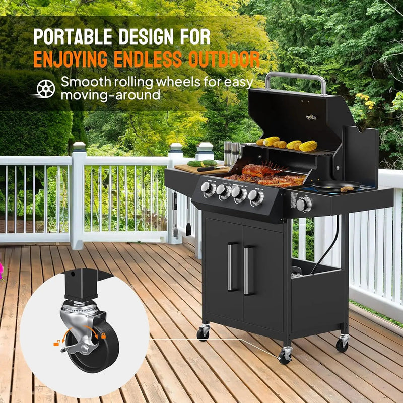 ROVSUN 4 Burner Propane Gas Grill with Side Burner, 58,000BTU BBQ Grills with Enameled Cast Iron Grates, Shelf & Cabinet for Outdoor Garden Patio Backyard Barbecue Cooking by GreenHaven Gardens
