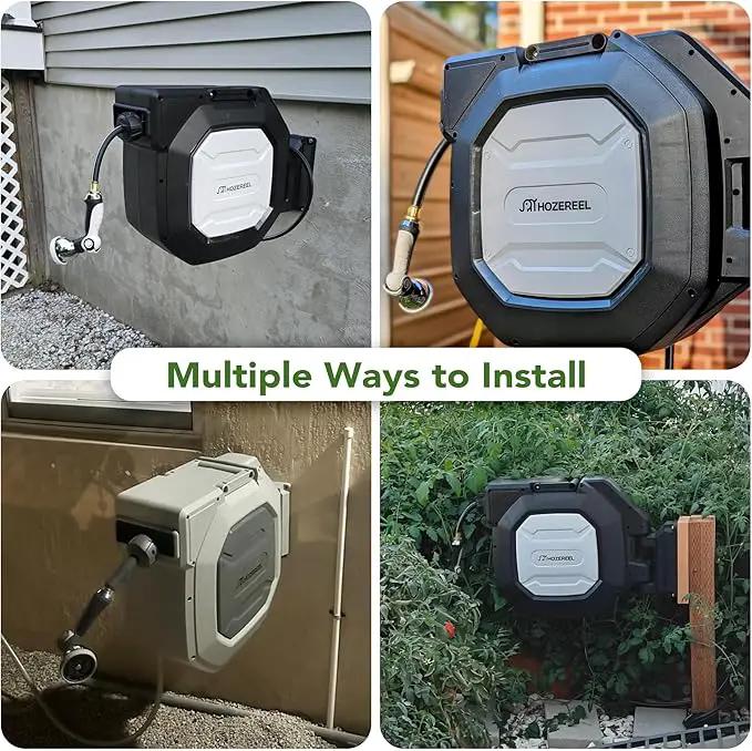 5/8" x 100 ft Heavy Duty Retractable Garden Hose Reel by HOZEREEL, Outdoor Garden Hose Reels - Self Retract Wall Mount Hose Reel Automatic Storage, 10 Pattern Nozzle, Grey by GreenHaven Gardens