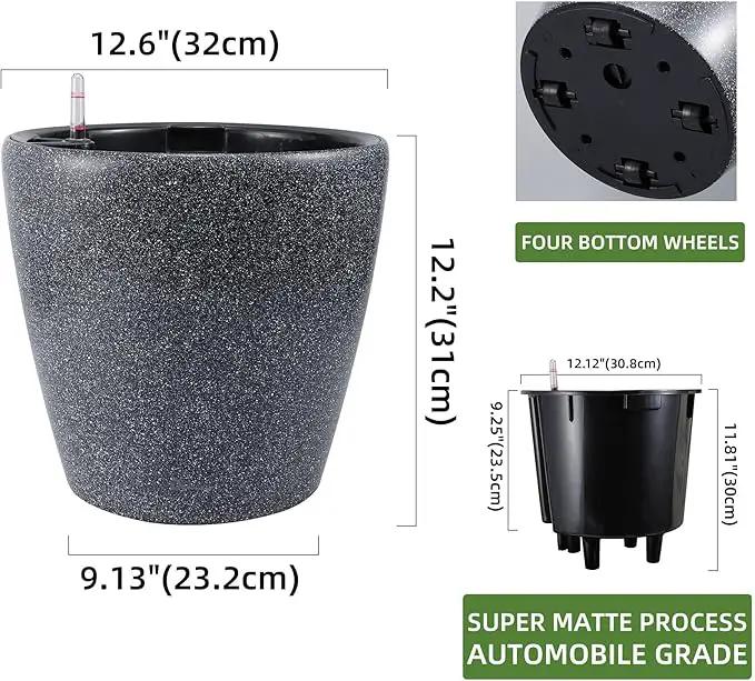 Dexceder 13x12 Self Watering Planter with Wheels Indoor Outdoor, Inner Pot Design, Thickened Large Floor Standing Flower Plant Pot with Water Level Indicator (Stone Matte) by GreenHaven Gardens