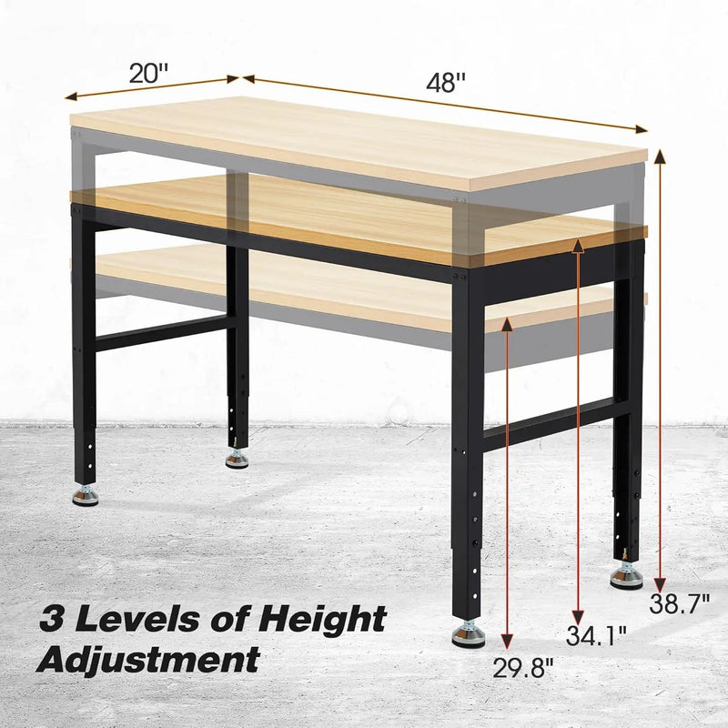 48” Adjustable Workbench，Heavy Duty Wood Work Bench 2000 Lbs Load Capacity,Work Table for Garage, Workshop, Office, Home by GreenHaven Gardens