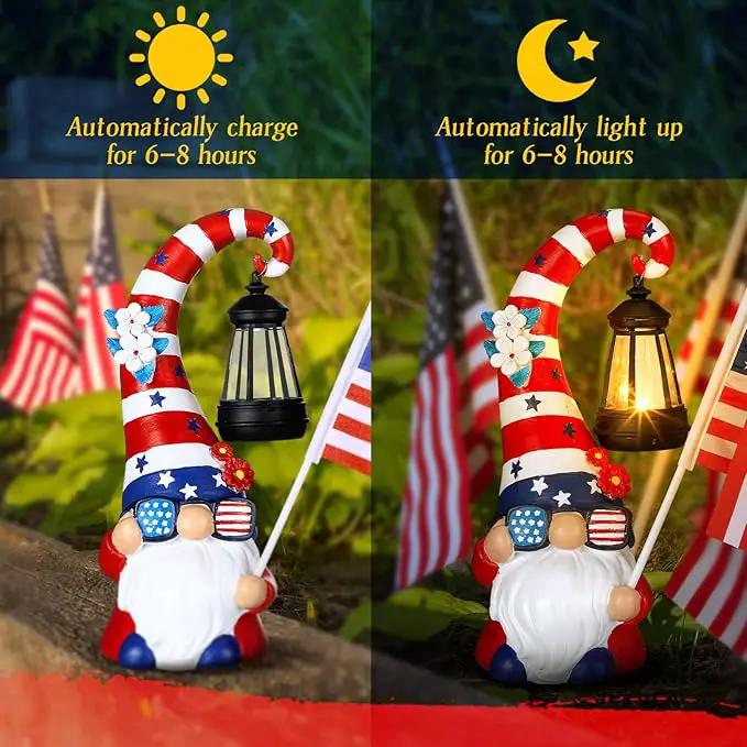 VIHOSE 11.8 Inch 4th of July Patriotic Solar Gnomes Statues USA Solar Gnome Outdoor Figurine Lights for Outside Lawn Ornaments Garden Porch Patio Balcony Yard Fourth of July Gifts for Mom Women by GreenHaven Gardens