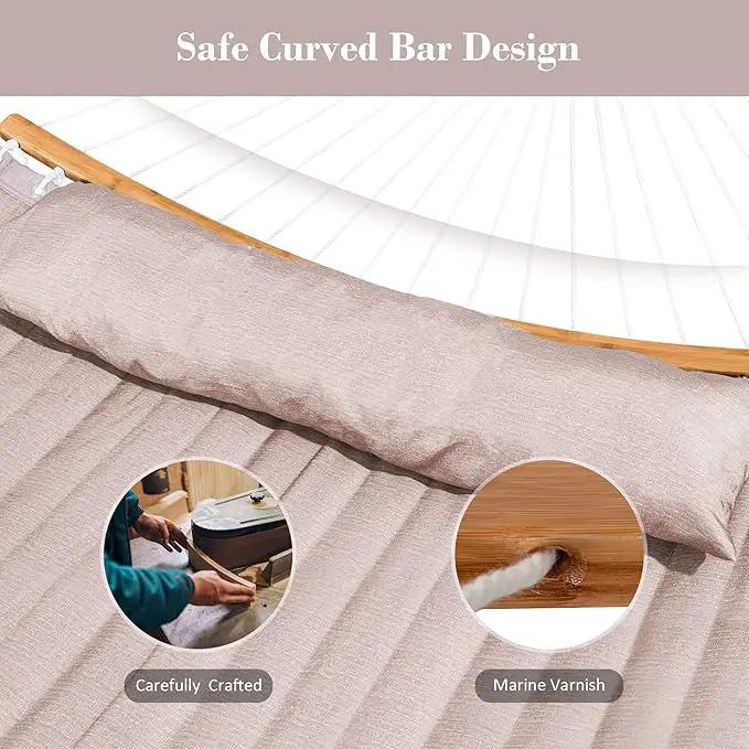 SUNCREAT 55 Inch Large Double Hammock with Stand, 450lbs Capacity, Outdoor Portable Hammock with Curved Spreader Bar, Extra Large Pillow, Tan by GreenHaven Gardens