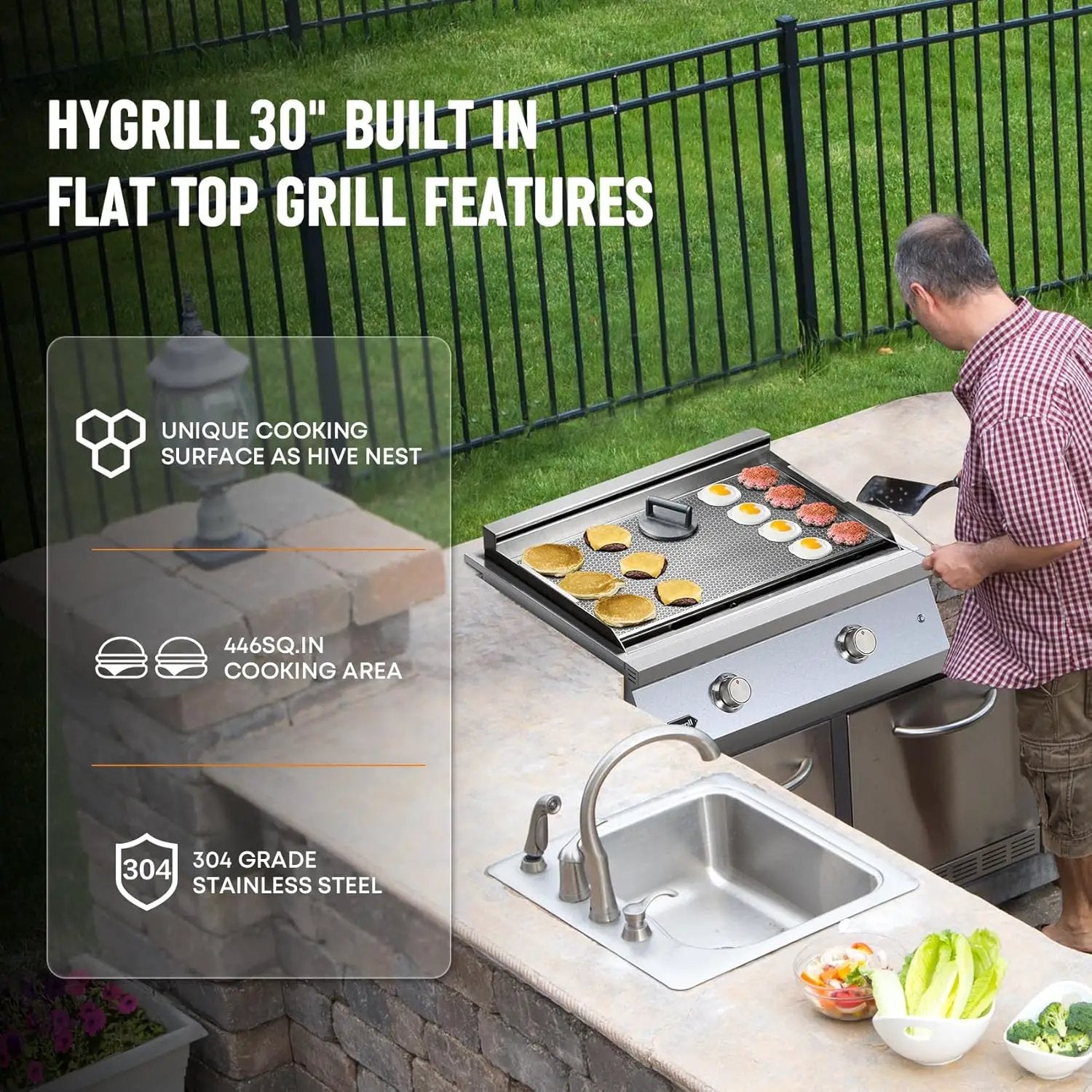Hygrill 30-Inch Premium Built-In Natural Gas Griddle for Outdoor Kitchen, Durable 304 Stainless Steel 2-Burner Flat Top Grill with Lid and LED lights by GreenHaven Gardens
