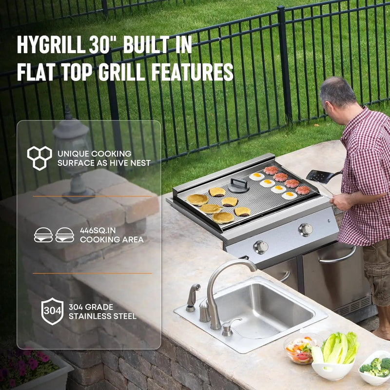 Hygrill 30-Inch Premium Built-In Natural Gas Griddle for Outdoor Kitchen, Durable 304 Stainless Steel 2-Burner Flat Top Grill with Lid and LED lights by GreenHaven Gardens