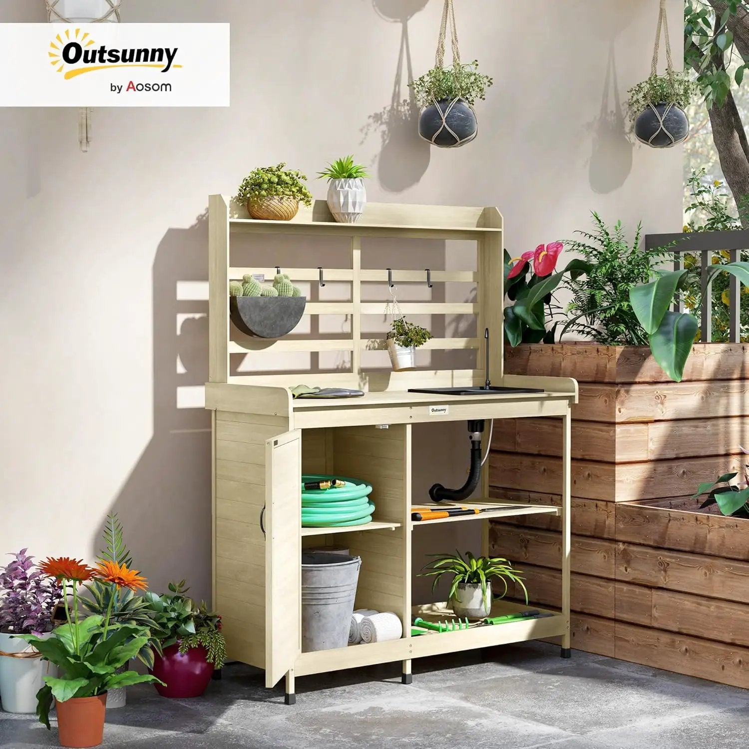 Outsunny Outdoor Wooden Potting Bench Table with Sink and Water Tap, Garden Workstation with Storage Cabinet, Storage Shelves for Backyard, Patio, Balcony, Natural by GreenHaven Gardens