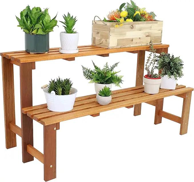 Sunnydaze 2-Tier Meranti Outdoor Wood Plant Stand - Indoor Plant Bench with Teak Oil Finish - 24-Inch by GreenHaven Gardens