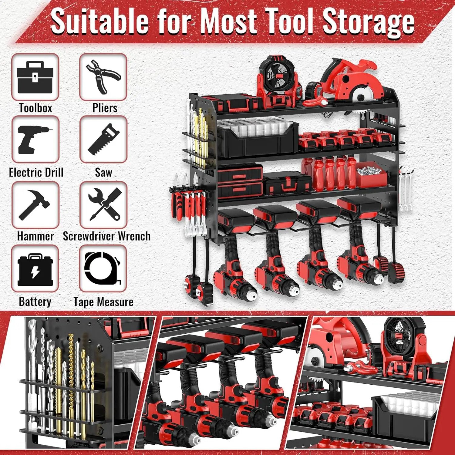 Power Tool Organizer Wall Mount, Metal Power Tool Storage Rack with Screwdriver Holder, Garage Tool Storage Shelves with Screwdriver Holder Plier Holder (Black, 4 Drills Holder) by GreenHaven Gardens