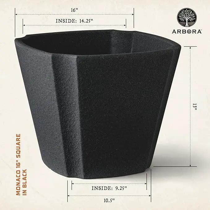 ARBORA 16" Monaco Square Polyresin Indoor and Outdoor Planter with Classic Black Finish - Durable, Weatherproof, Lightweight, Large Plant Pot for Patio, Garden, Deck, Entryway by GreenHaven Gardens