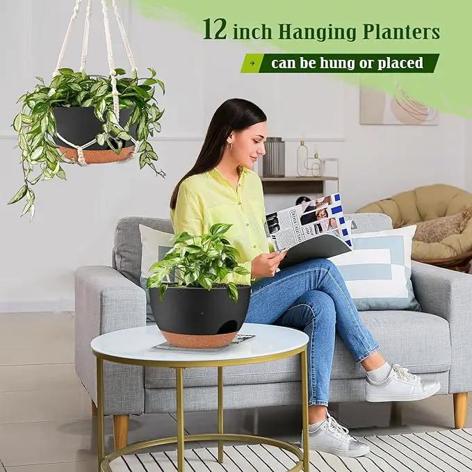 Hanging Planters for Outdoor Indoor Plants, 2 Pack 12 Inch Hanging Basket Plants Outdoor, Self Watering Hanging Planter with Plant Hanger for Garden Home Decoration (Black) by GreenHaven Gardens