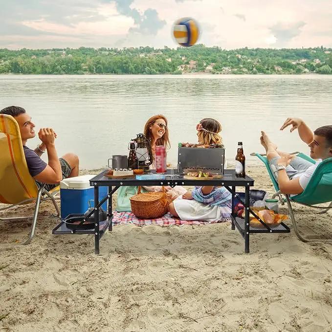 REDCAMP 36x24 Folding Grill Table for Outside with 2 Side Tables, Lightweight Portable Metal Aluminum Outdoor Grill Table with Adjustable Height Legs, Great for Camping Picnic Cooking BBQ, Black 3ft by GreenHaven Gardens