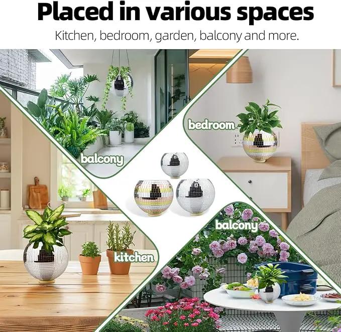 6inch Disco Ball Hanging Plant Pots,Plant Disco Ball Silver Mirror Disco Planter with Chain Hook for Indoor Outdoor Decor and Wooden Stand for Desk,Self Watering Insert Pots, Boho Disco Ball Planter by GreenHaven Gardens