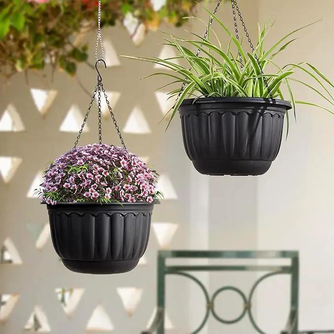YIKUSH Planters for Outdoor Plants 2 Pack Black Plant Pots with Drainage Hole and Absorbing Tray Hanging Planters for Indoor Plants (12 inch, 3 Hooks) by GreenHaven Gardens