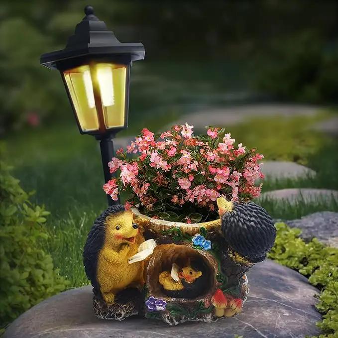 Outdoor Hedgehogs Statues Solar Sculptures with Solar Lights and Flowerpot Funny Garden Decor Animal Figurines Resin Outdoor Statues for Patio Yard Lawn Balcony Gifts by GreenHaven Gardens