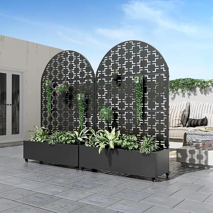 Casaphoria Metal Raised Garden Bed with Trellis and Wheels, 72"x47"x16" Arched Planter Box for Climbing Plants, Vegetables & Vines, Features Drainage Holes and Privacy Screen (Black-Brick) by GreenHaven Gardens