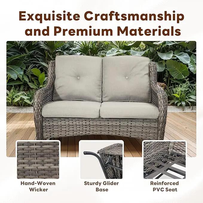 Outdoor Patio Furniture Set - 7 Piece Gray Wicker Conversation Patio Furniture Set All Weather Swivel Chairs with Ottoman and Loveseat Glider Chair for Deck Balcony Backyard by GreenHaven Gardens