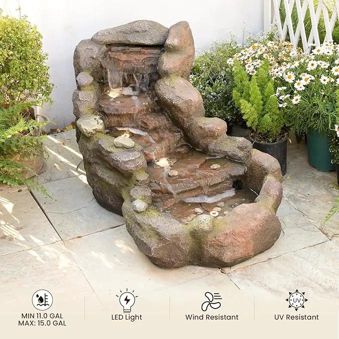 42 in Natural-Style Tier Garden Rock Water Fountain Outdoor, Floor-Standing Fountains That Feature Gentle Waterfall and LED Lights for Patio, Backyard, Deck, Porch, Home Décor by GreenHaven Gardens