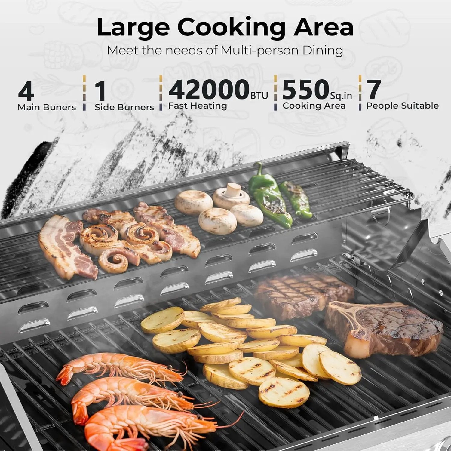 R.W.FLAME 4 Burner Gas Grill, 42,000 BTU Propane Grill, Outdoor Grills with Side Burner, Outdoor Barbecues with Stainless Steel Mesh and Plates, for Camping, Backyard, Patio and Deck by GreenHaven Gardens