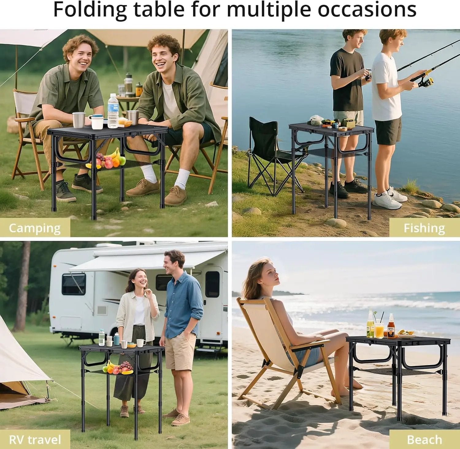 Folding Camping Table with Storage Net, Pure Black Aluminum 2ft Picnic Table 23.2" x 16" Outdoor Table Adjustable Height Max 27.5", Lightweight, Waterproof, Portable Handle for Travel Cooking by GreenHaven Gardens