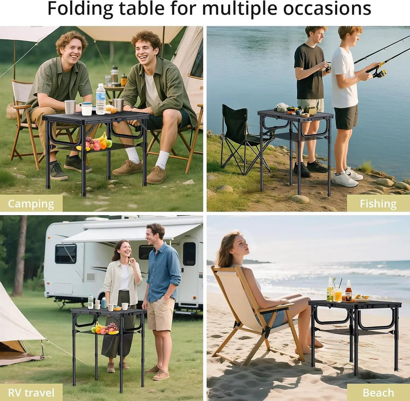 Folding Camping Table with Storage Net, Pure Black Aluminum 2ft Picnic Table 23.2" x 16" Outdoor Table Adjustable Height Max 27.5", Lightweight, Waterproof, Portable Handle for Travel Cooking by GreenHaven Gardens